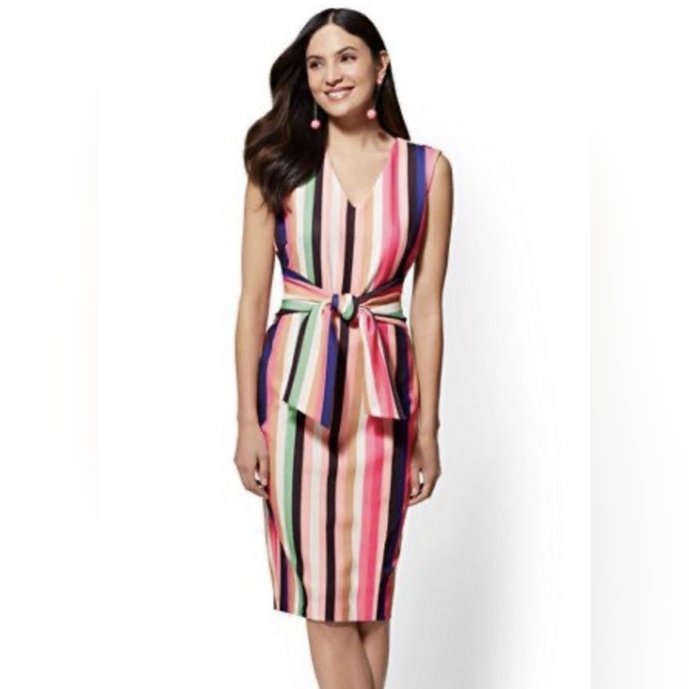 NY&C Rainbow Striped Tie Waist Sheath Dress Size M